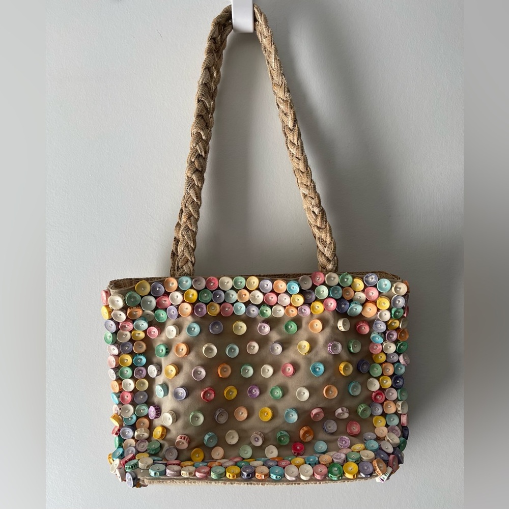 ESSENZE RAFFIA & SWEET TART SMARTIES BUTTON BOX STYLE HANDBAG TOTE PURSE